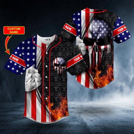 Custom Name Skull Golf USA American Flag Jersey Baseball Shirt