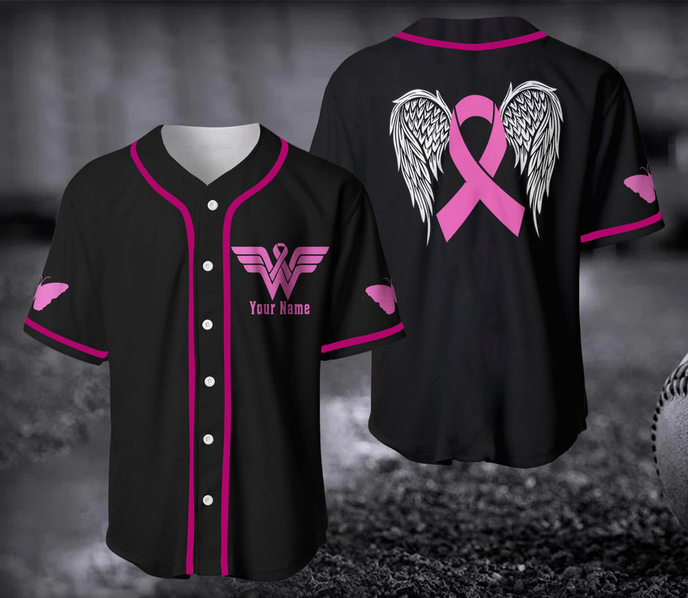 Custom Name Breast Cancer Awareness Black Pink Baseball Jerseys Shirt