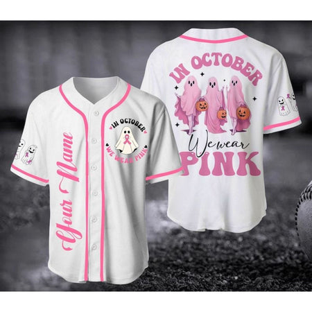 In October We Wear Pink Breast Cancer Baseball Jersey Shirt