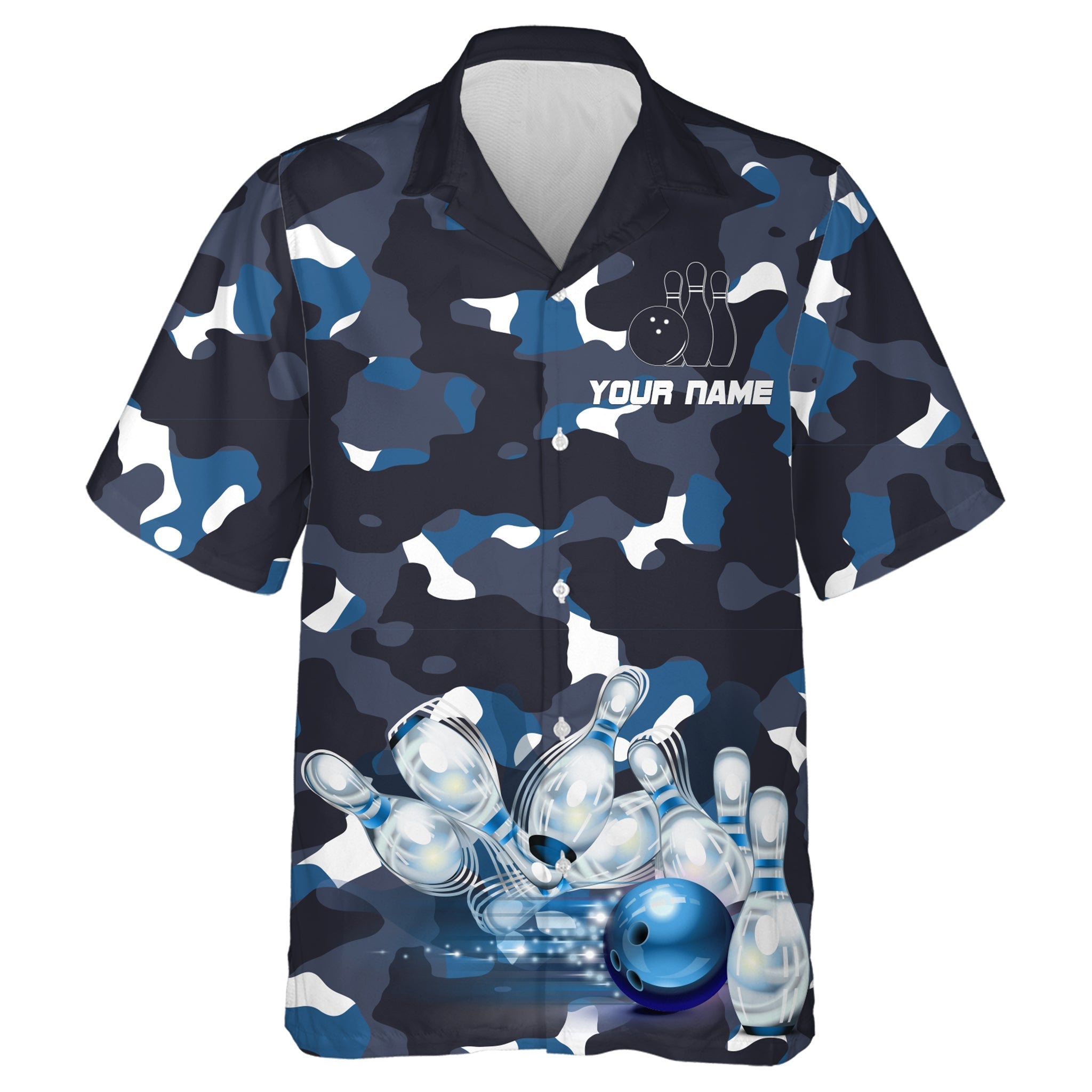 Blue Camo Hawaiian Bowling Shirt For Men Women, Custom Team Name