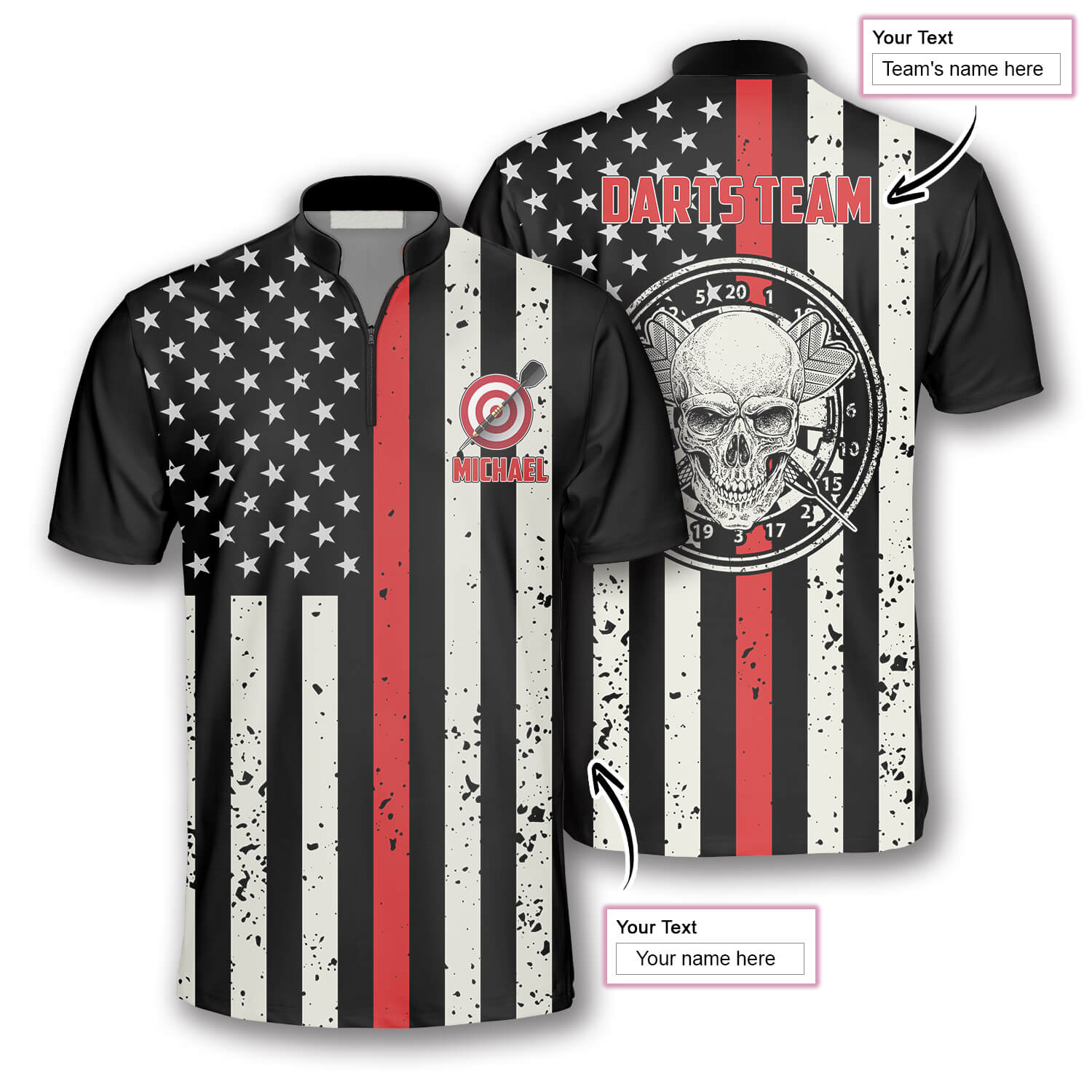 Skull Flag Red Line Custom Darts Jerseys for Men, 3D All Over Print Sh