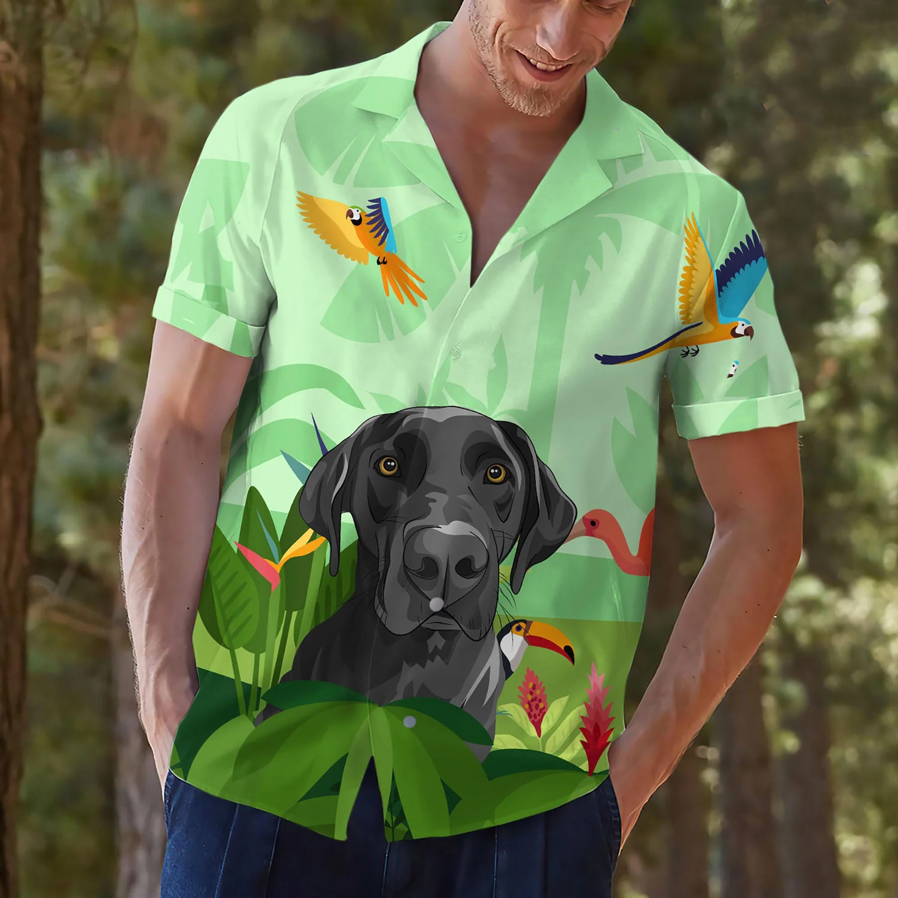 Custom Dog Face Trendy Aloha Hawaiian Shirt Colorful Flamingo